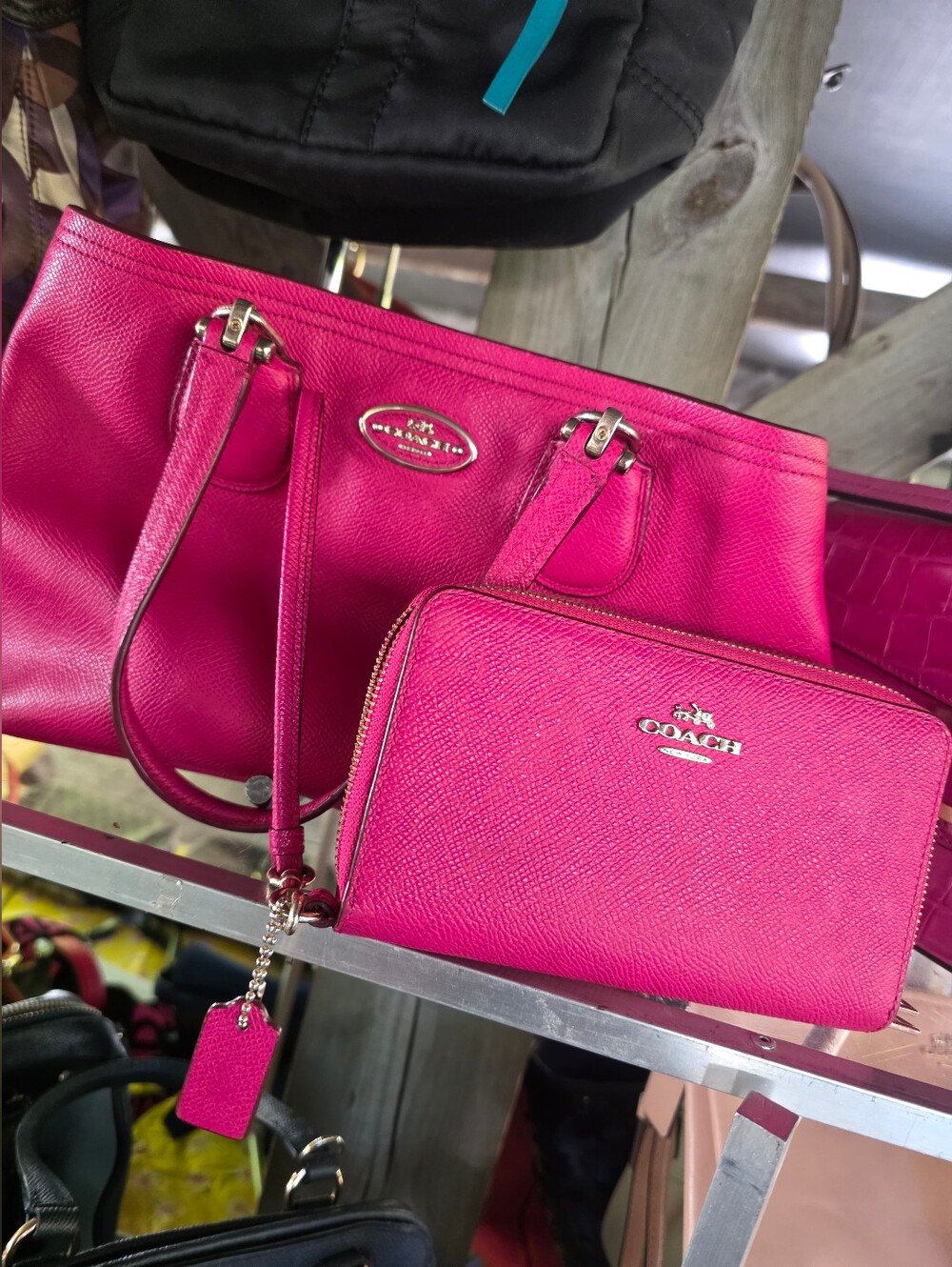 Coach Bright Fuchsia Leather Tote with Matching Zip Wallet